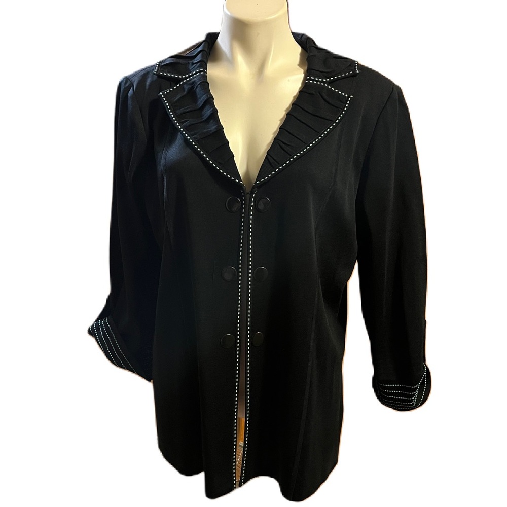 Ming Wang black collared knit cardigan with turquoise trim